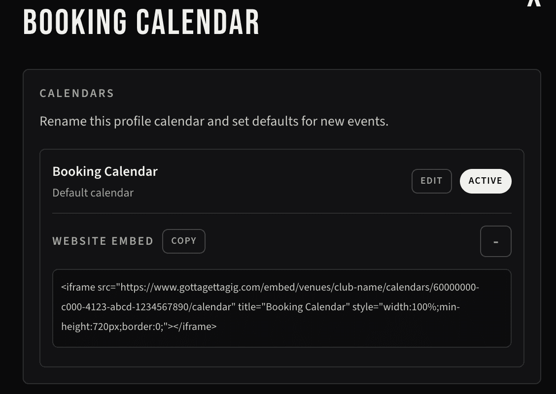 Website Embed section in Calendar Settings