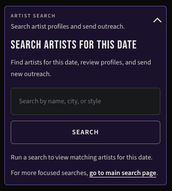 Mobile event search section showing artist search inside a date details modal