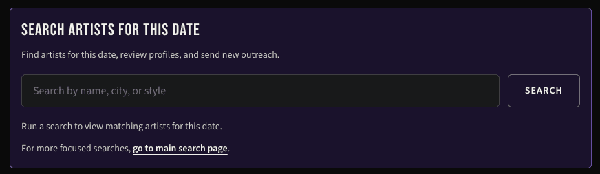 Event search section showing artist search inside a date details modal