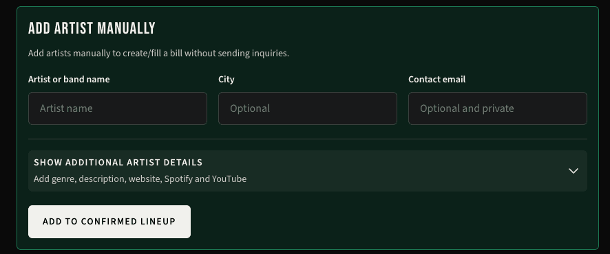 Add Artist Manually form on desktop