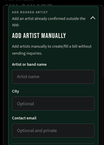 Add Artist Manually form on mobile
